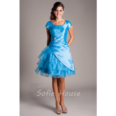Ball Gown Square Neck Cap Sleeve Short Blue Organza Ruffle Layered Prom Dress