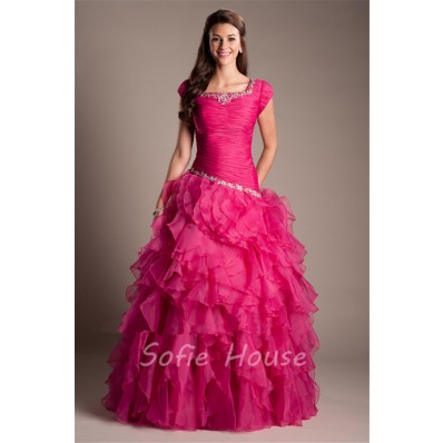 Ball Gown Square Neck Hot Pink Organza Ruffle Modest Prom Dress With Sleeves
