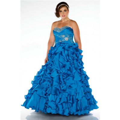 Ball Gown Strapless Blue Ruffles Beaded Plus Size Quinceanera Party Prom Dress