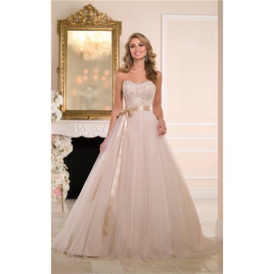 Ball Gown Strapless Champagne Tulle Lace Beaded Corset Wedding Dress With Sash
