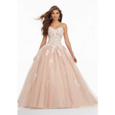 Ball Gown Strapless Corset Champagne Tulle Lace Applique Prom Dress