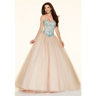 Ball Gown Strapless Drop Waist Corset Champagne Tulle Blue Beaded Prom Dress