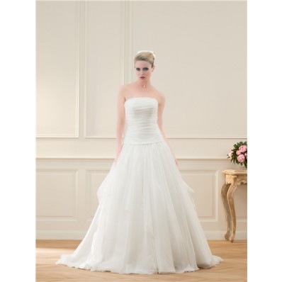 Ball Gown Strapless Drop Waist Tulle Ruched Wedding Dress With Bow Buttons