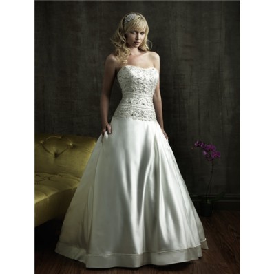 Ball Gown Strapless Fitted Dropped Waist Satin Embroidered Beaded Wedding Dress