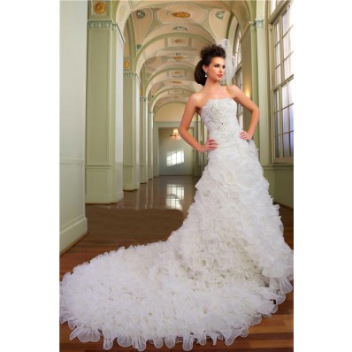Ball Gown Strapless Organza Ruffle Crystal Church Wedding Dress With Long Train