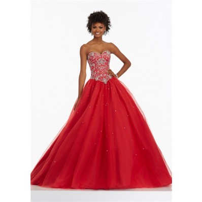 Ball Gown Sweetheart Basque Waist Corset Back Red Tulle Beaded Prom Dress