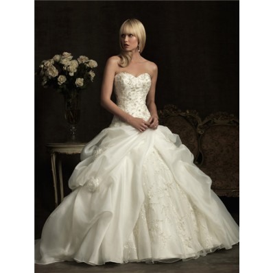 Ball Gown Sweetheart Ivory Satin Organza Puffy Wedding Dress With Embroidery Beading