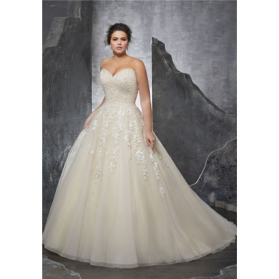 Ball Gown Sweetheart Ivory Satin Tulle Beaded Corset Plus Size Wedding Dress