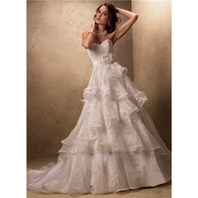 Ball Gown Sweetheart Layered Ruffled Tulle Lace Wedding Dress With Flowers Belt