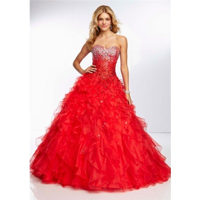 Ball Gown Sweetheart Long Red Organza Ruffle Ombre Beaded Prom Dress Corset Back