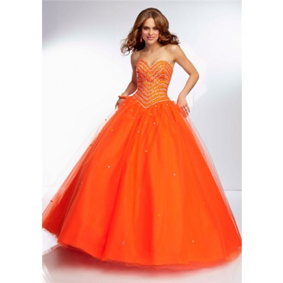 Ball Gown Sweetheart Neckline Long Orange Tulle Tonal Beaded Prom Dress Corset Back