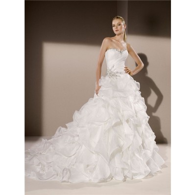 Ball Gown Sweetheart Neckline Organza Ruffle Crystal Beaded Wedding Dress Corset Back