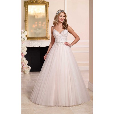Ball Gown Sweetheart Open Back Tulle Lace Crystal Beaded Wedding Dress With Straps