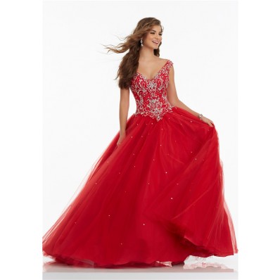 Ball Gown V Neck Basque Waist Red Tulle Beaded Prom Dress Keyhole Corset Back