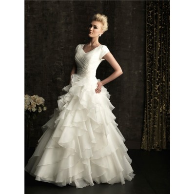 Ball Gown square court train short sleeves wedding dress with ruffles