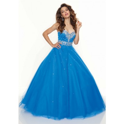 Ball Gown sweetheart floor length blue tulle prom dress with beading