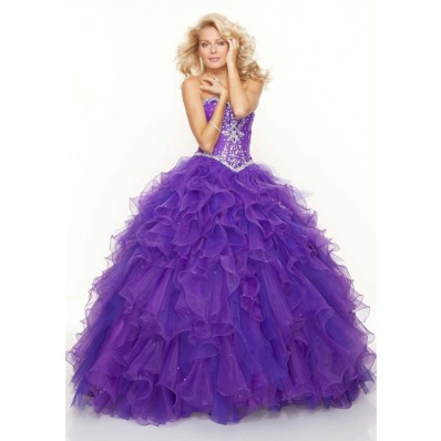 Ball Gown sweetheart floor length purple beaded organza prom dress with ruffles