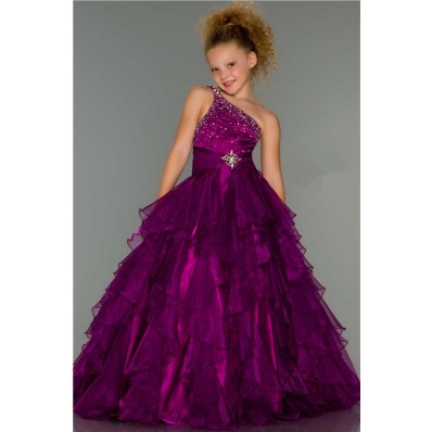Ball One Shoulder Long Purple Beaded Organza Ruffle Little Girl Evening Prom Dress