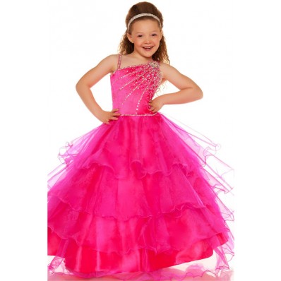 Ball One Shoulder Pink Tiered Organza Ruffle Flower Girl Pageant Dance ...