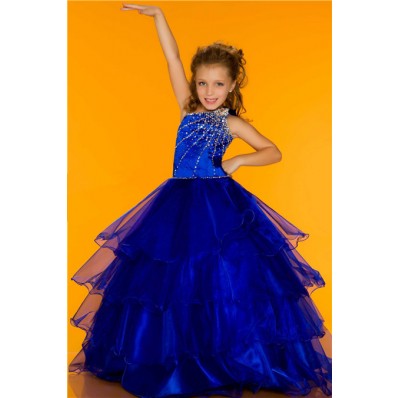 Ball One Shoulder Royal Blue Tiered Organza Ruffle Girl Pageant Party Dance Dress