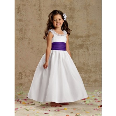 Ball Scoop Neck White Organza Ruffle Purple Sash Bow Wedding Flower Girl Dress