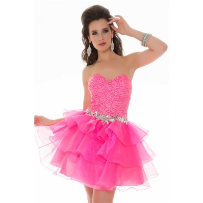 Ball Strapless Short/ Mini Hot Pink Sequin Tiered Organza Cocktail Prom Dress