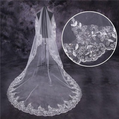 Beautiful One Tier Tulle Lace Long Cathedral Wedding Bridal Veil With Sequins