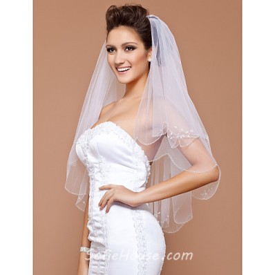 Beautiful Two layer White Tulle Wedding Bridal Veil With Beading