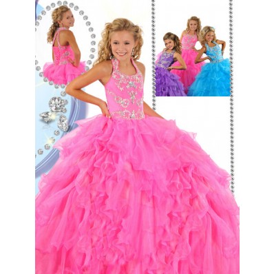 Beauty Puffy Pink Organza Ruffle Beaded Little Girls Pageant Party Prom Dress