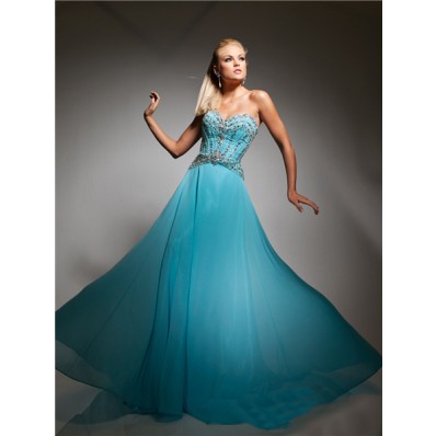 Best Sweetheart Long Sky Blue Chiffon Evening Prom Dress With Beading Crystals