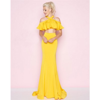 Charming Cold Shoulder Lemon Yellow Ruffle Two Piece Prom Dress
