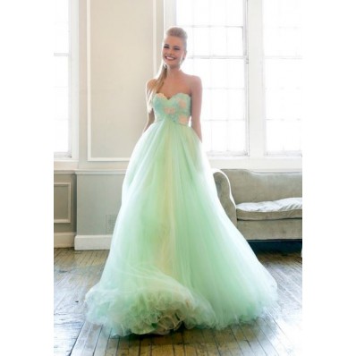 Charming Princess A Line Sweetheart Long Mint Green Lace Tulle Prom Dress