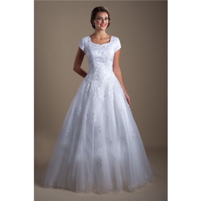Classic A Line Corset Back Tulle Lace Modest Wedding Dress With Sleeves