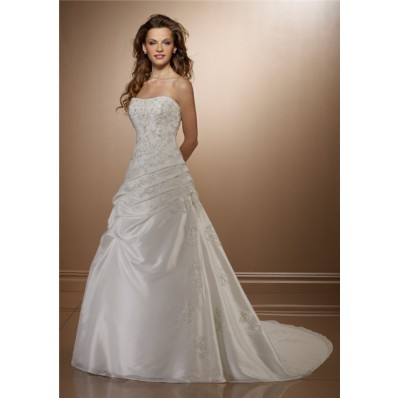 Classic A Line Strapless Ruched Taffeta Lace Beaded Wedding Dress Corset Back