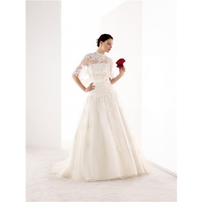 Classic A Line Strapless Tulle Lace Wedding Dress Capelet Jacket Flower Sash