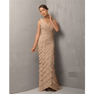 Classic Sheath V Neck Long Light Brown Chiffon Tiered Evening Dress With Straps