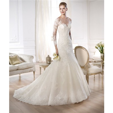 Couture Mermaid Illusion Neckline Sheer Back Long Sleeve Lace Wedding Dress