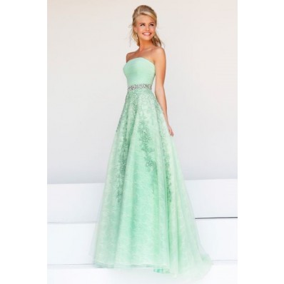 Cute A Line Strapless Long Mint Green Tulle Lace Beaded Prom Dress