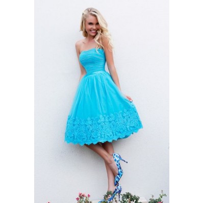 Cute A Line Strapless Short Ruched Blue Tulle Lace Party Prom Dress