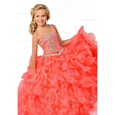 Cute Ball Gown Coral Organza Ruffle Beaded Girl Pageant Dress With Straps