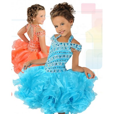 Cute Ball Short Turquoise Organza Ruffle Beaded Tutu Girl Pageant Prom Dress