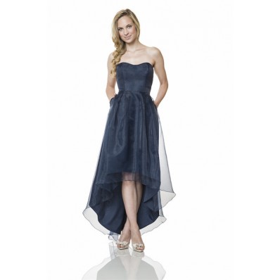 Cute Strapless Sweetheart High Low Navy Blue Organza Party Bridesmaid Dress