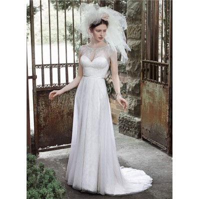 Elegant A Line Bateau Neck Front Keyhole Lace Beaded Wedding Dress With Belt