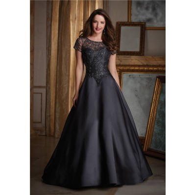 Elegant A Line Black Satin Tulle Beaded Formal Occasion Evening Dress With Short Sleeves