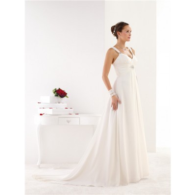 Elegant A Line Empire Waist Draped Chiffon Crystal Beach Wedding Dress With Straps
