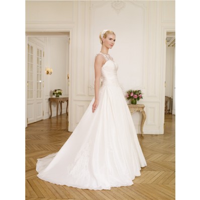 Elegant A Line Illusion Neckline Cap Sleeve Taffeta Lace Wedding Dress With Bow