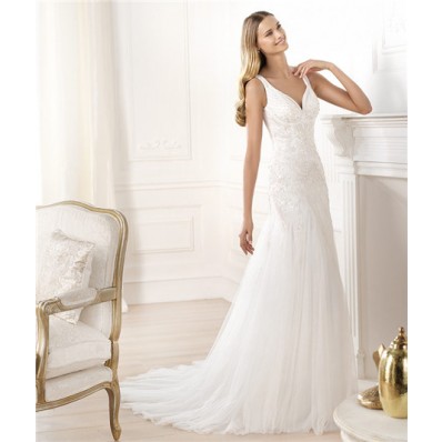 Elegant A Line V Neck Embroidery Beaded Tulle Wedding Dress With Straps