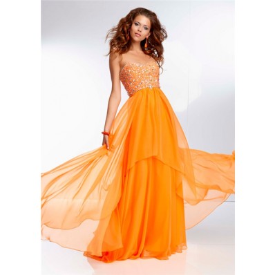 Elegant Flowing Sweetheart Long Orange Chiffon Beaded Prom Dress Open Back
