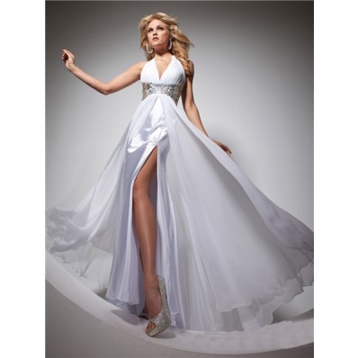 Elegant Halter Long White Chiffon Prom Dress With Beading Sequins Crystals