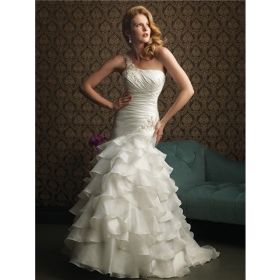 Elegant Mermaid One Shoulder Layered Organza Ruffles Wedding Dress With Ruching